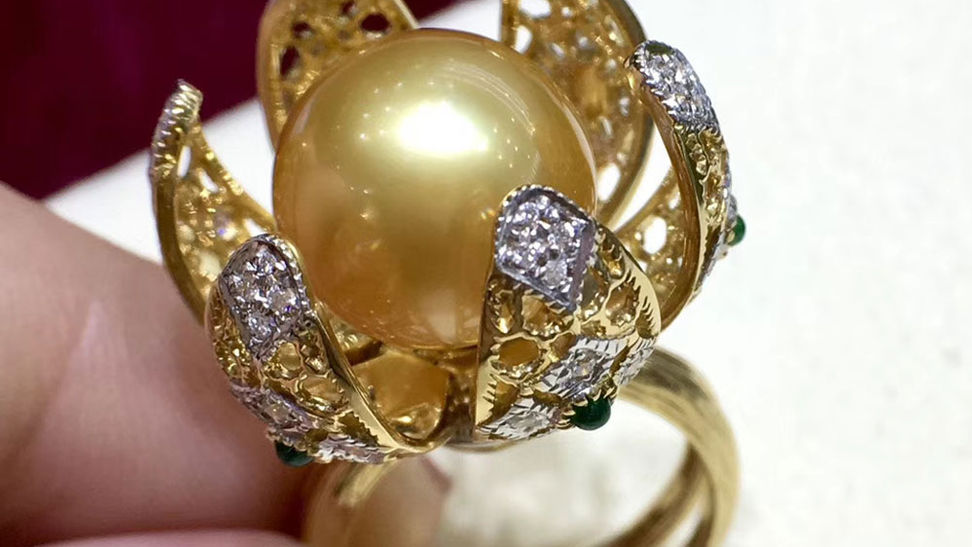 AMAZING! 12-13 mm Golden Pearl Royal Flowering Ring 18k Gold w/ Diamond - AAAA